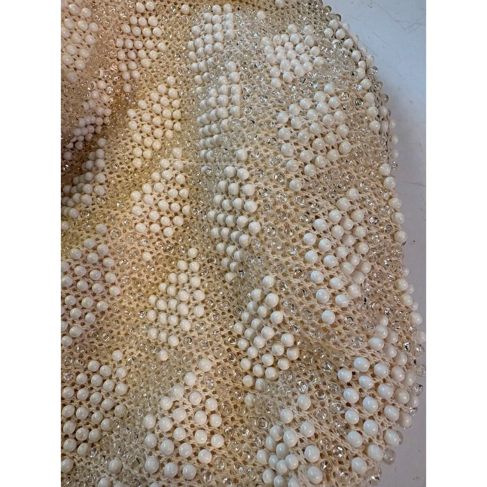 Vintage Beaded Wristlet Clutch Cream White Diamond Pattern Evening Bag 5.5" - Picture 5 of 8